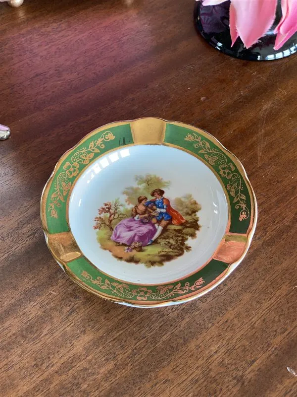 Vintage Green and Gold Ashtray, Limoge, France, Courting Scene