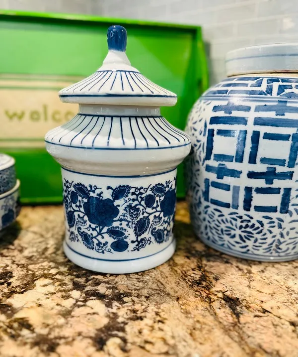 Vintage Pagoda Canister, Lidded Jar, Blue and White Chinoiserie, Floral and Stripe Motif