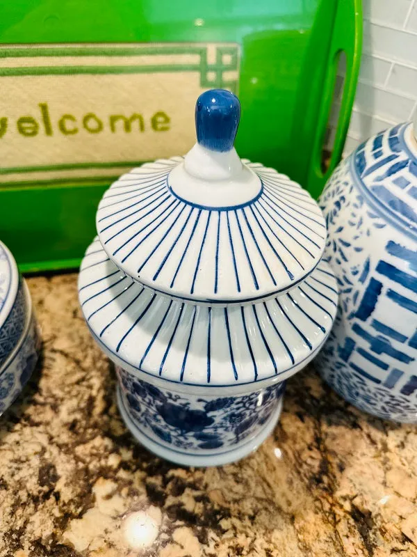 Vintage Pagoda Canister, Lidded Jar, Blue and White Chinoiserie, Floral and Stripe Motif