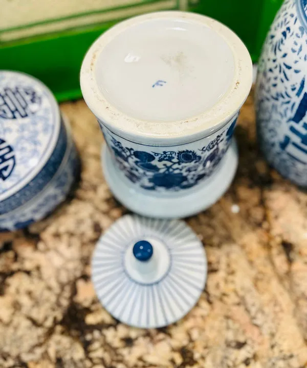Vintage Pagoda Canister, Lidded Jar, Blue and White Chinoiserie, Floral and Stripe Motif