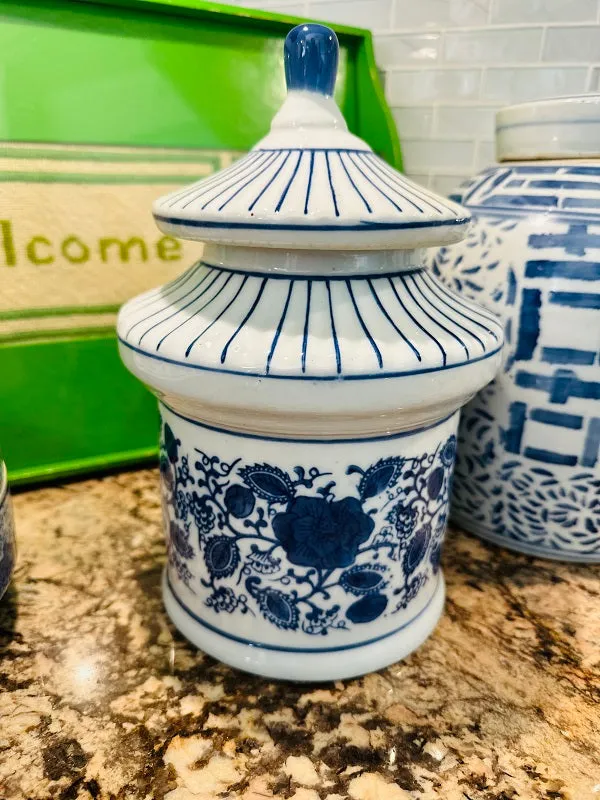 Vintage Pagoda Canister, Lidded Jar, Blue and White Chinoiserie, Floral and Stripe Motif