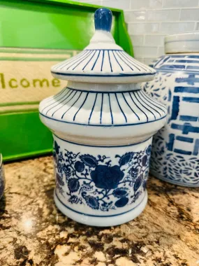 Vintage Pagoda Canister, Lidded Jar, Blue and White Chinoiserie, Floral and Stripe Motif