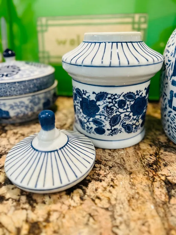 Vintage Pagoda Canister, Lidded Jar, Blue and White Chinoiserie, Floral and Stripe Motif